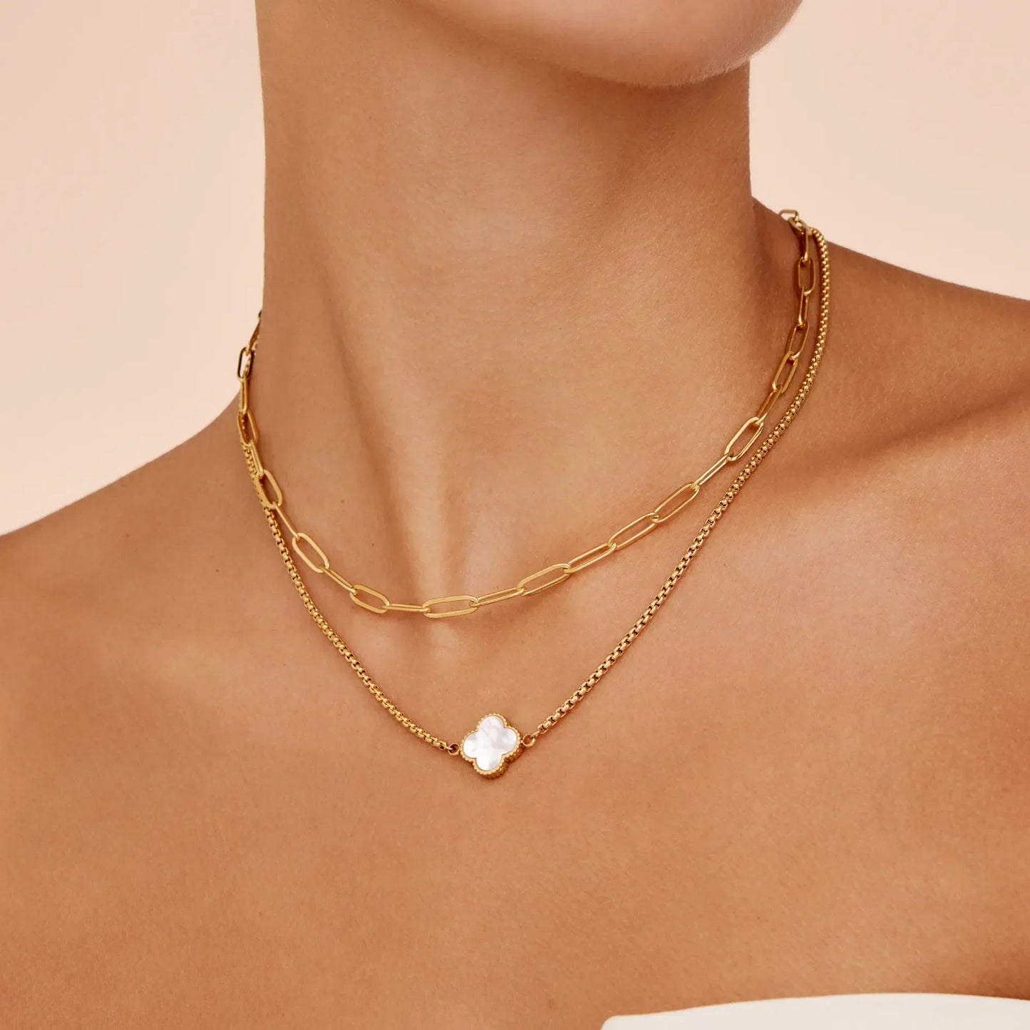 Pearl clover necklace lifestyle shot — Olivia Jewelry