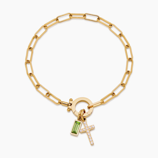 Paperclip birthstone cross charm bracelet in gold — Olivia Jewelry