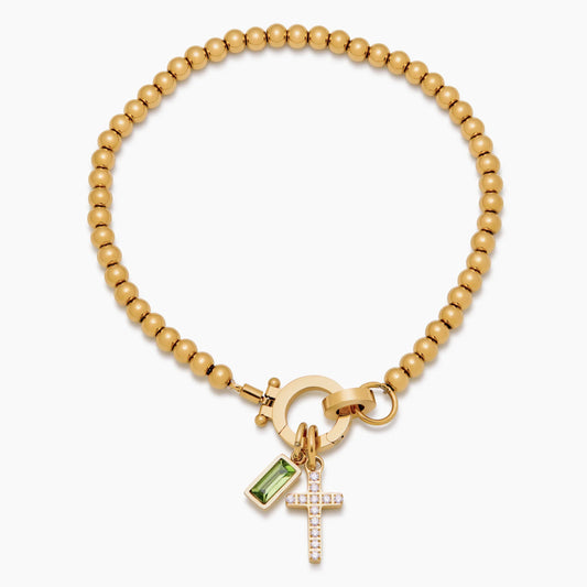 Beaded birthstone cross charm bracelet in gold — Olivia Jewelry