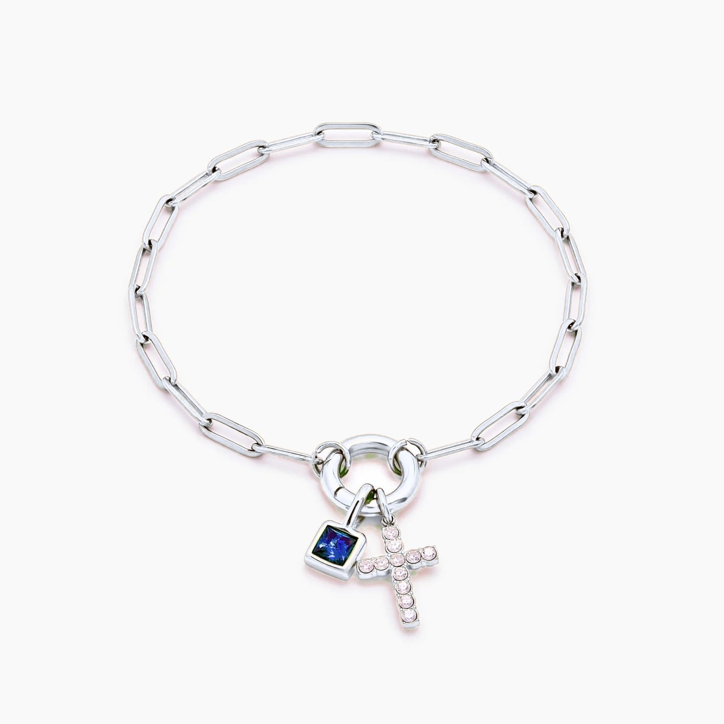 paperclip-cross-charm-bracelet — Silver / Dec-Blue Topaz