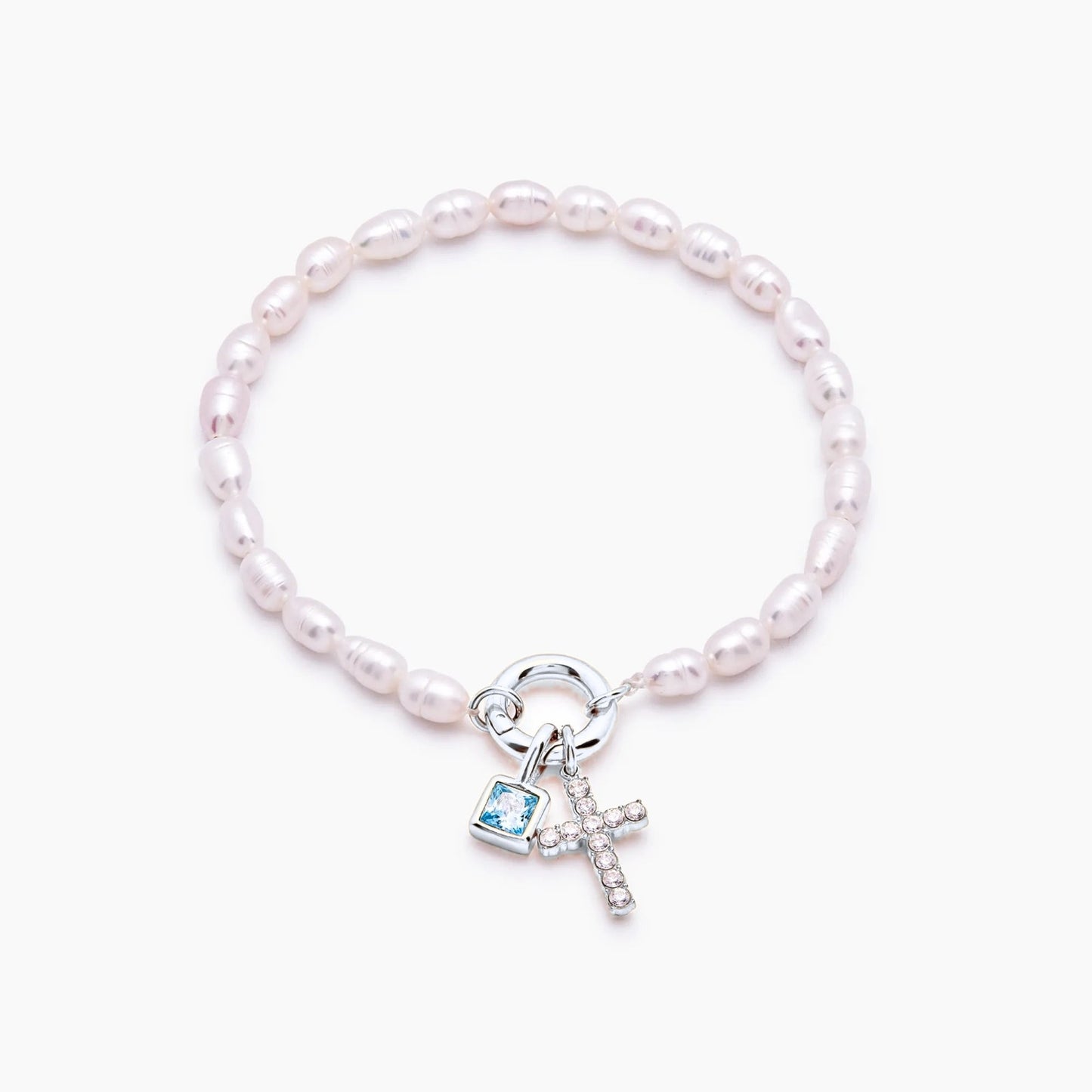 pearl-birthstone-cross-charm-bracelet — Silver / Dec-Blue Topaz