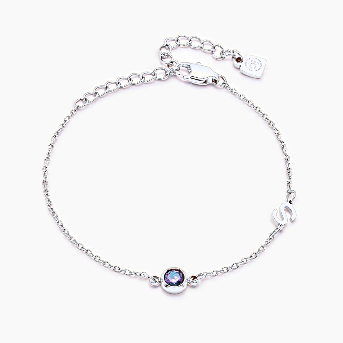 side-set-initial-birthstone-bracelet — Silver / Dec-Blue Topaz