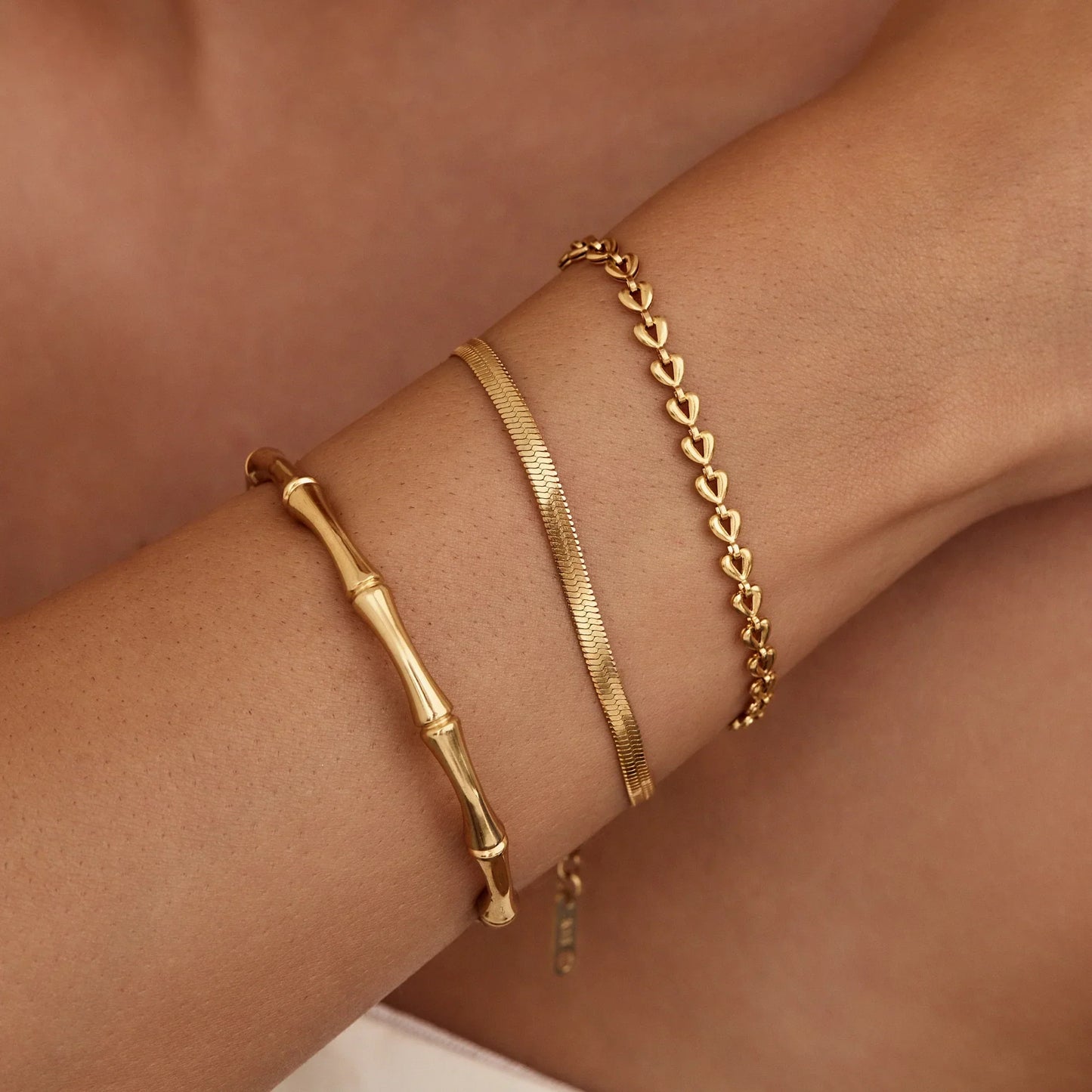 Gold bamboo cuff bracelet close-up — Olivia Jewelry