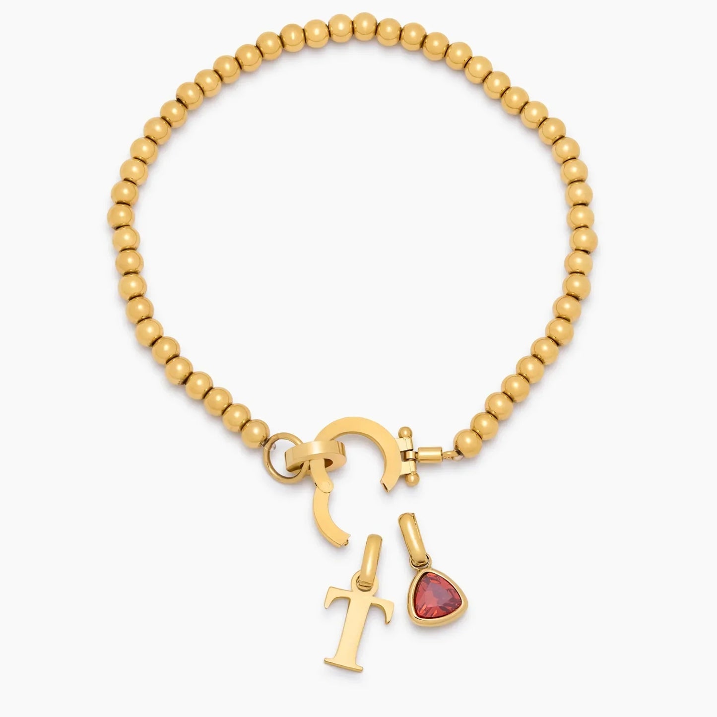 Gold beaded birthstone initial bracelet worn — Olivia Jewelry