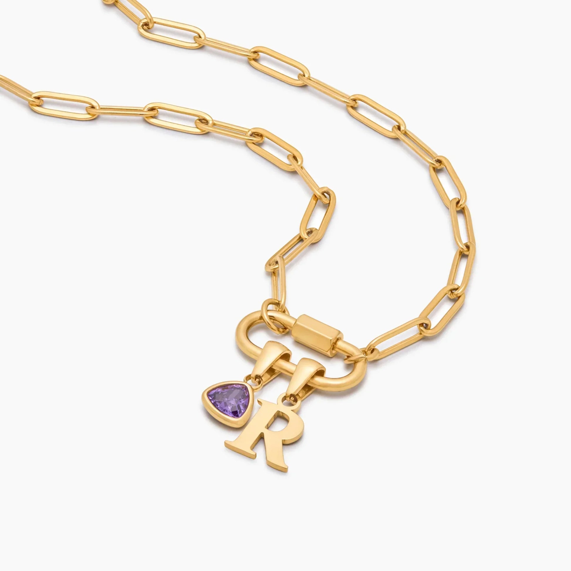 Custom initial birthstone carabiner necklace detail — Olivia Jewelry