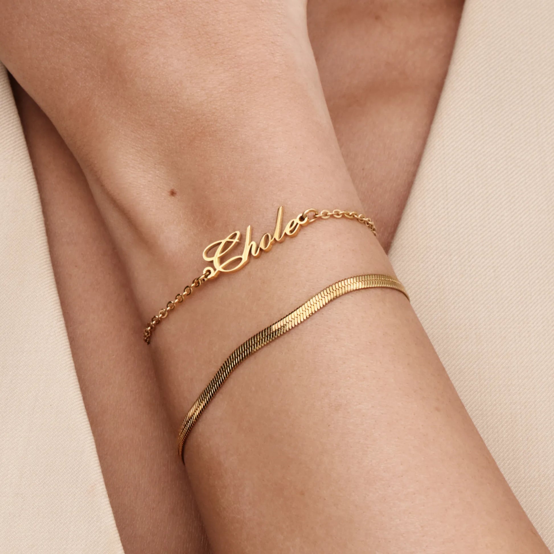 Personalised name bracelet lifestyle shot — Olivia Jewelry