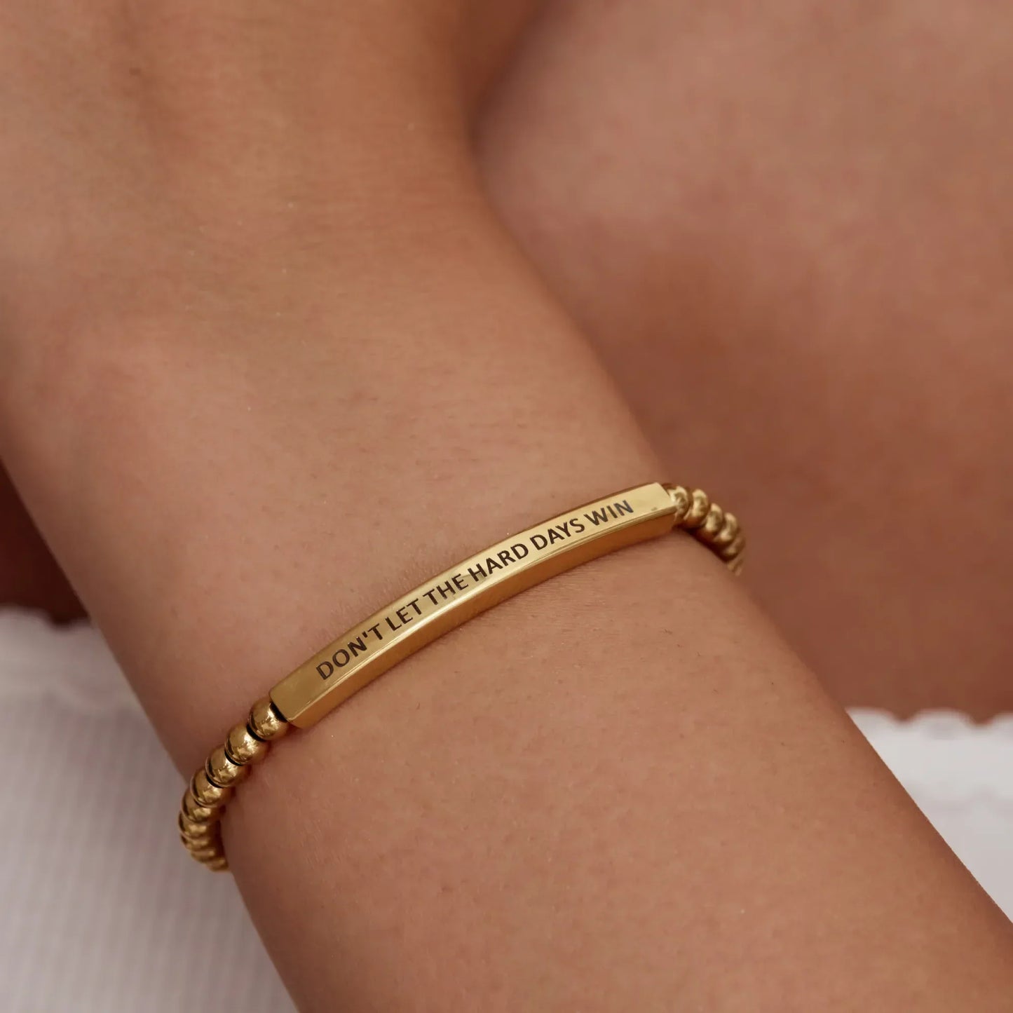 Motivational beaded bracelet close-up engraving — Olivia Jewelry