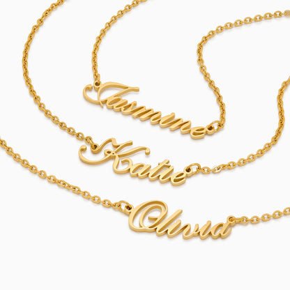 Olivia signature name necklace gold close-up — Olivia Jewelry