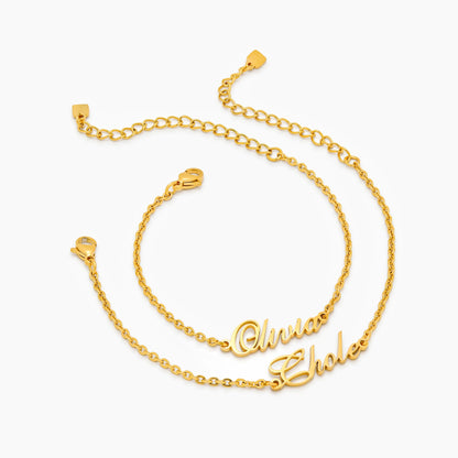 Gold personalised name bracelet worn on wrist — Olivia Jewelry