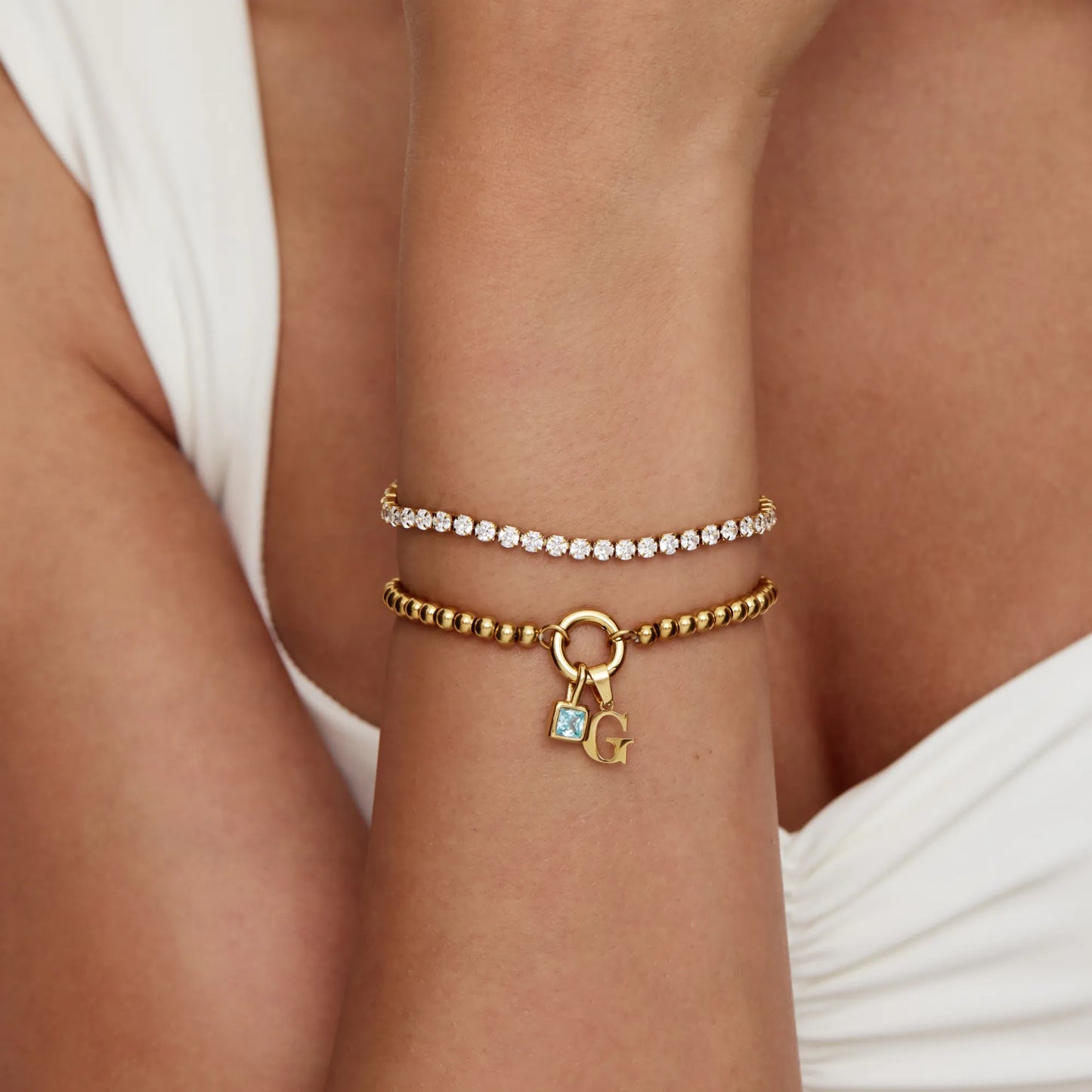 Silver beaded initial birthstone bracelet — Olivia Jewelry