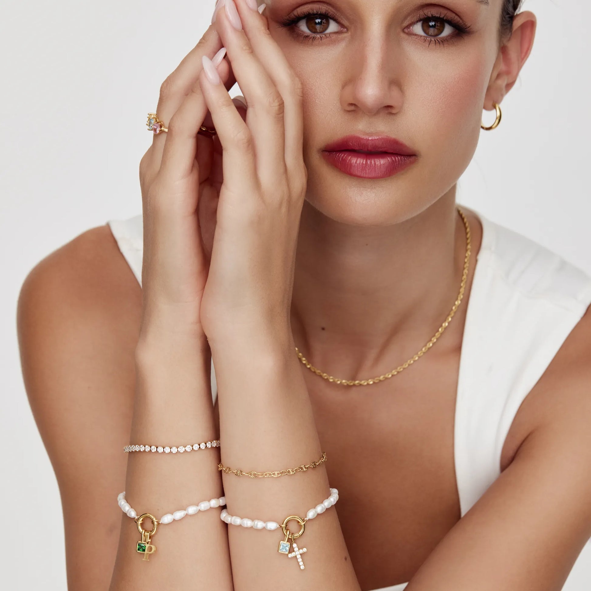Custom pearl birthstone bracelet detail — Olivia Jewelry