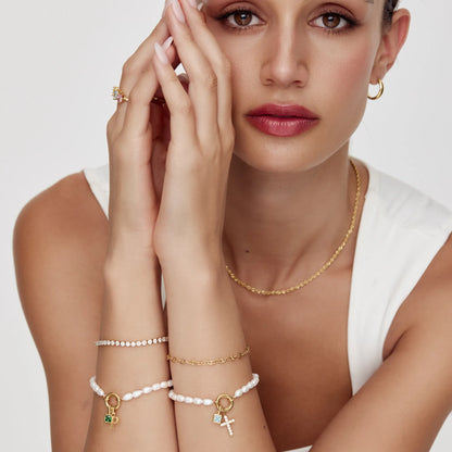 Custom pearl birthstone bracelet detail — Olivia Jewelry
