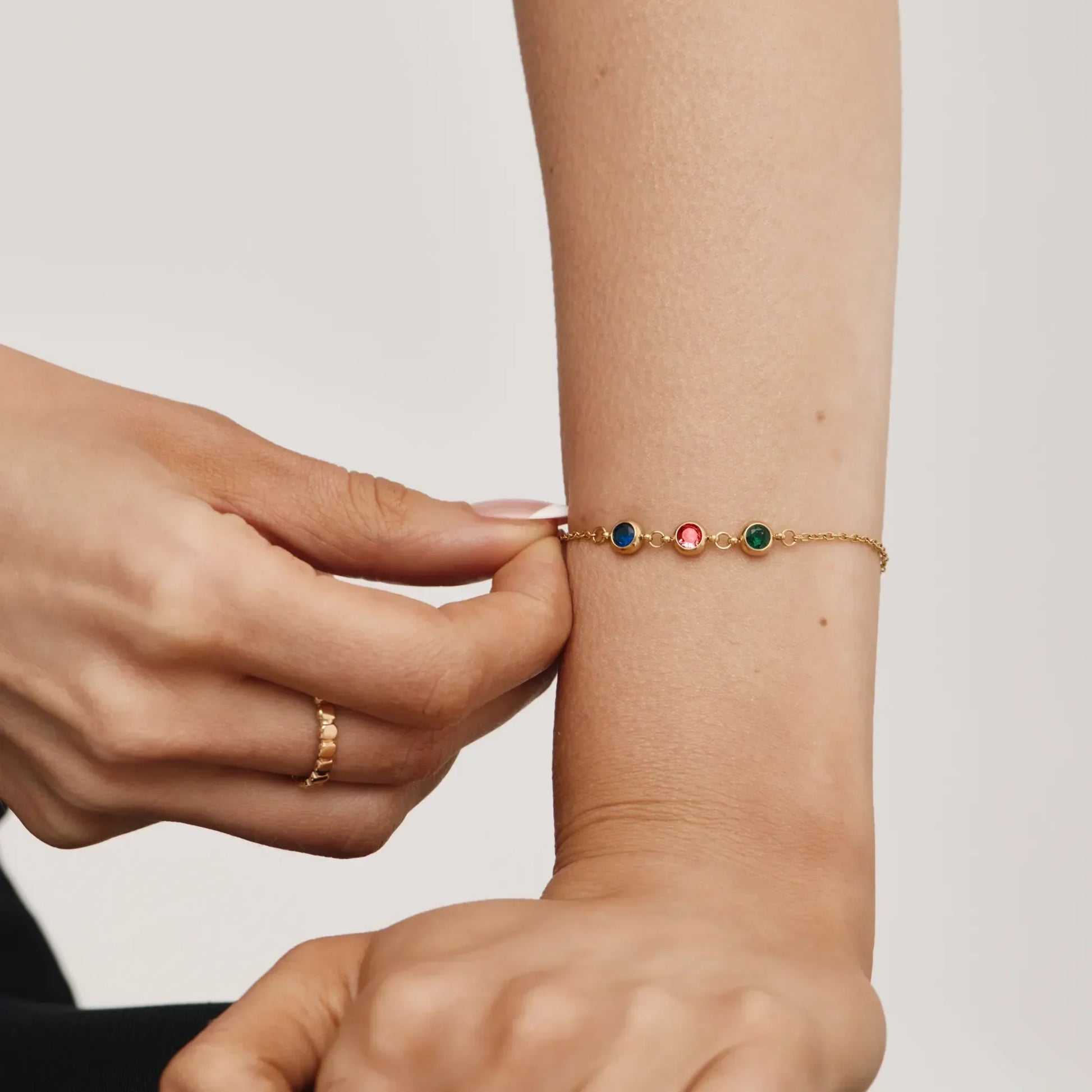 Multi birthstone bracelet close-up gemstone detail — Olivia Jewelry