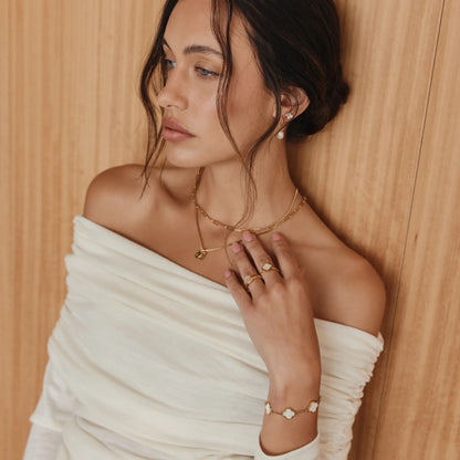 Pearl clover bracelet lifestyle shot — Olivia Jewelry