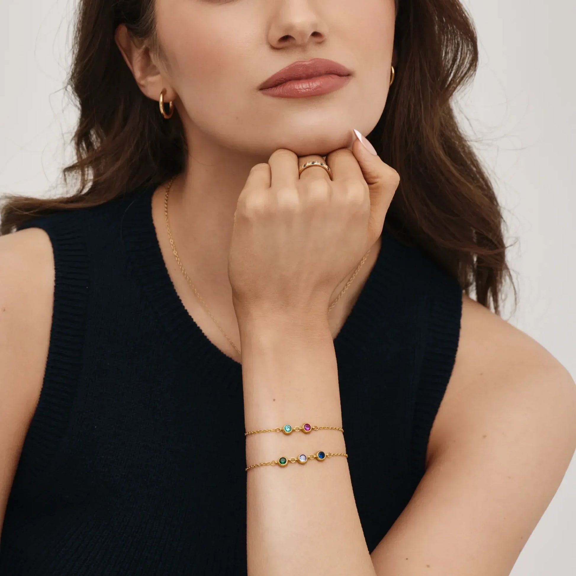 Personalised multi-birthstone bracelet worn on wrist — Olivia Jewelry