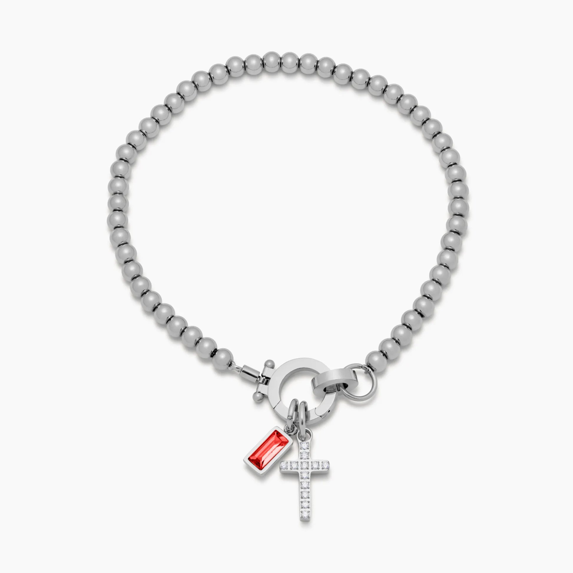 Silver beaded cross charm bracelet close-up — Olivia Jewelry