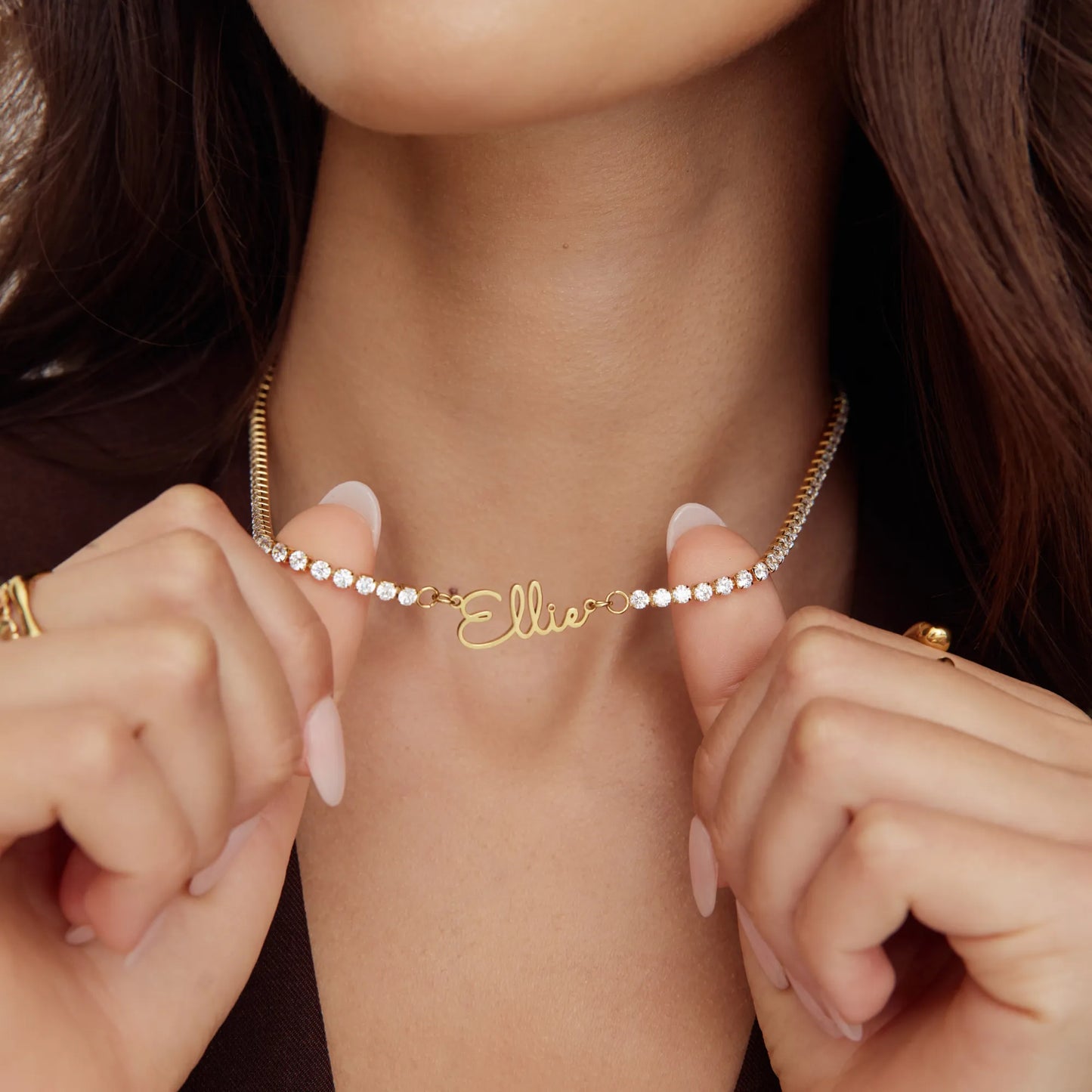 Personalised gold name tennis necklace close-up — Olivia Jewelry