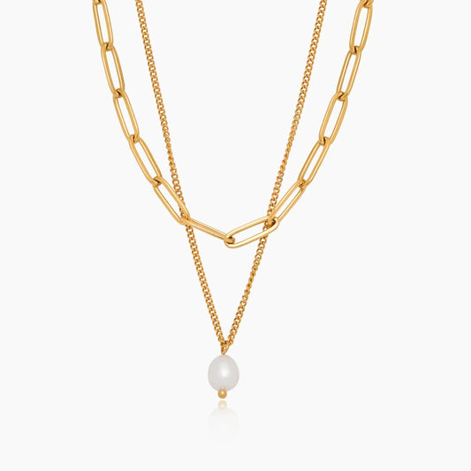 Paperclip & Pearl Drop Layered Necklace