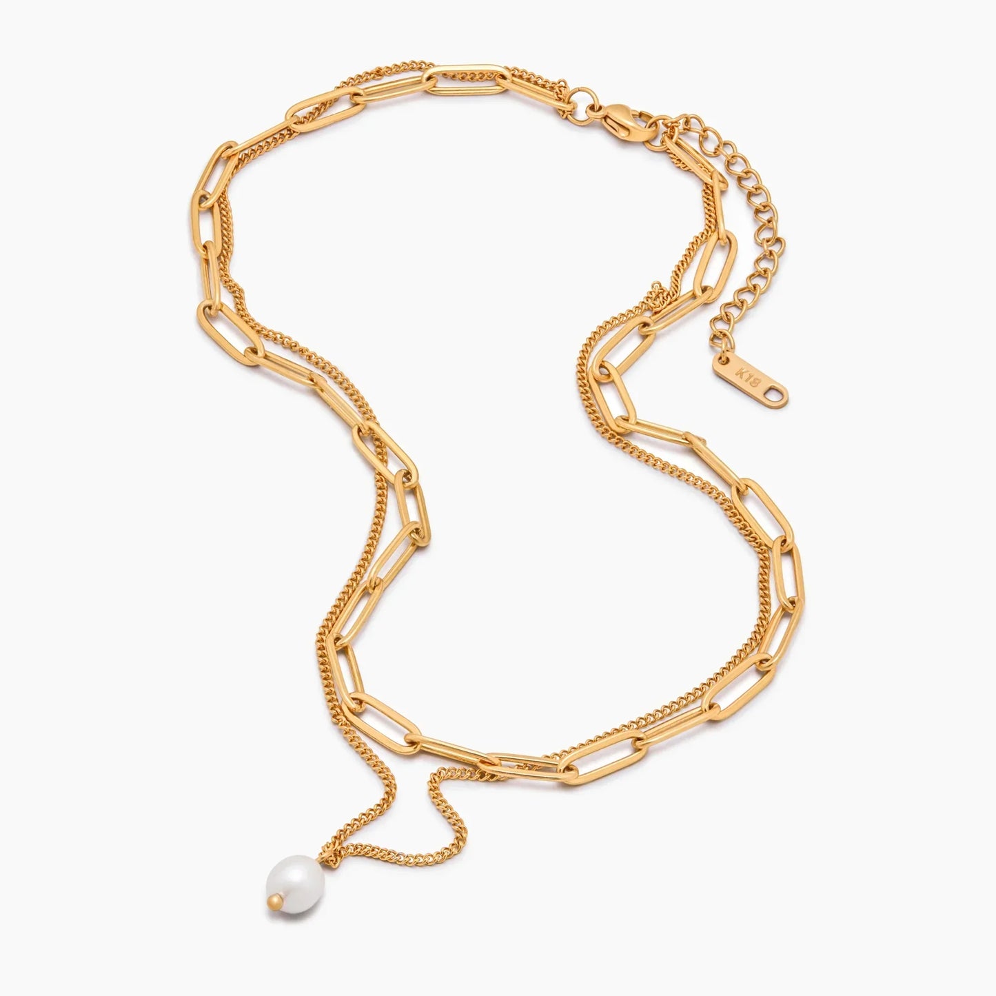 Paperclip & Pearl Drop Layered Necklace