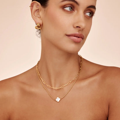 Pearl clover necklace worn on model — Olivia Jewelry