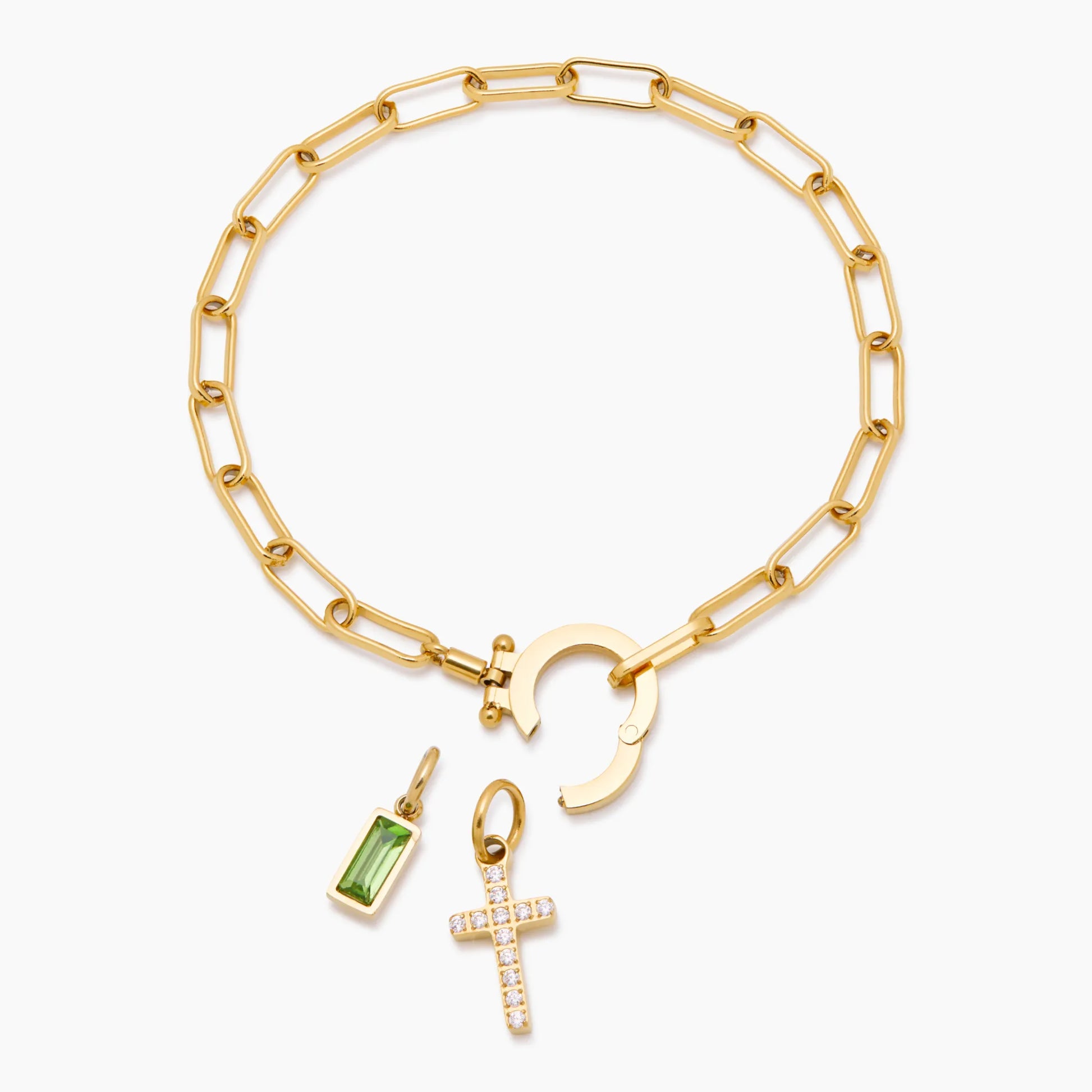 Gold paperclip cross charm bracelet close-up — Olivia Jewelry