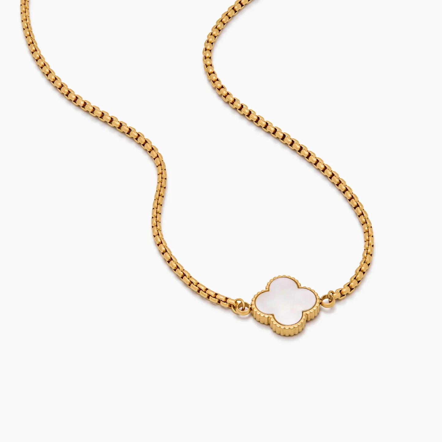 Pearl clover necklace flat lay — Olivia Jewelry