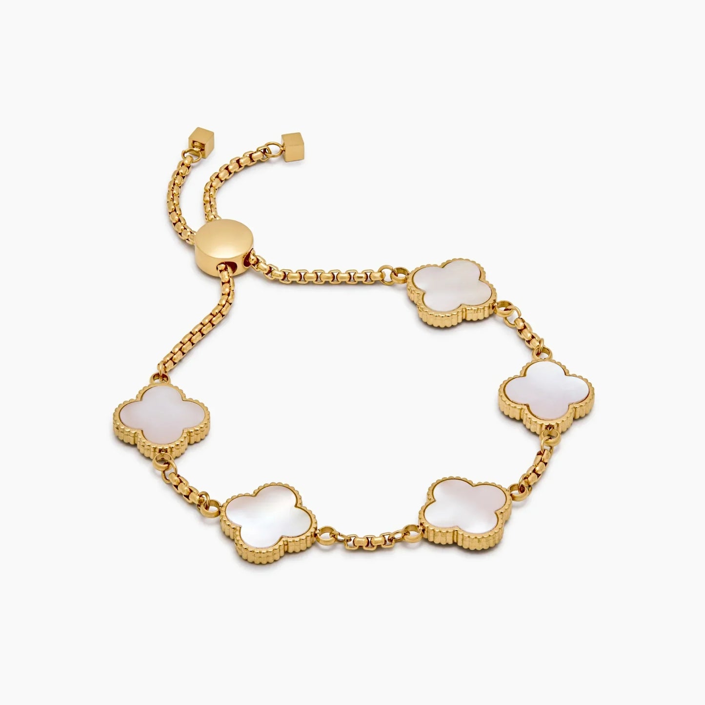 Mother of pearl clover bracelet flat lay — Olivia Jewelry