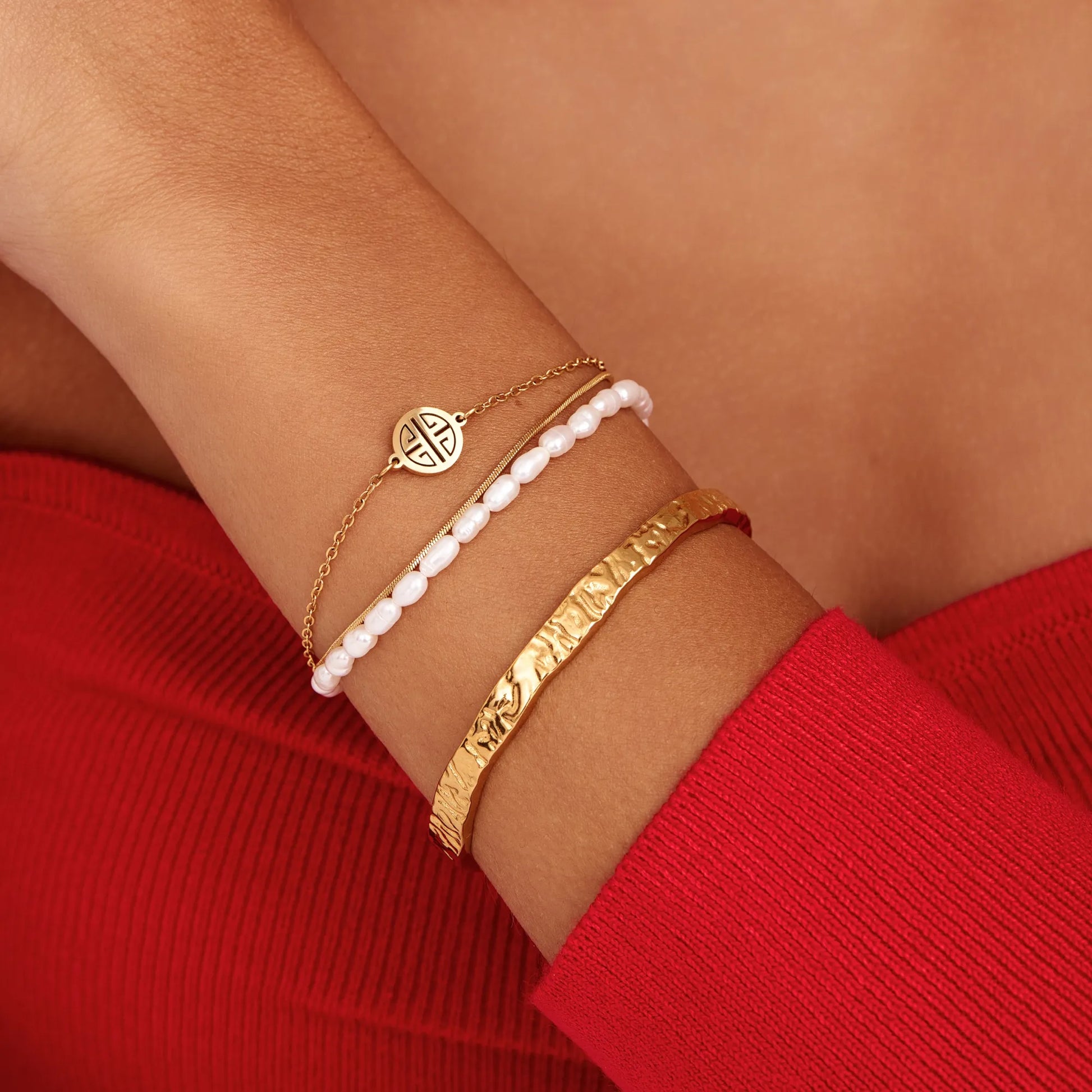 Gold textured cuff bracelet close-up — Olivia Jewelry