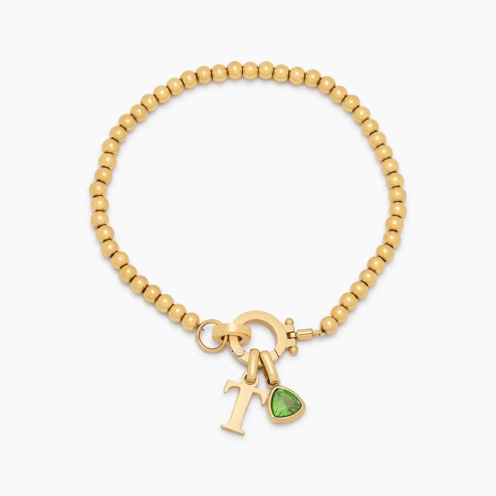 beaded-birthstone-initial-charm-bracelet — Gold / Aug-Peridot
