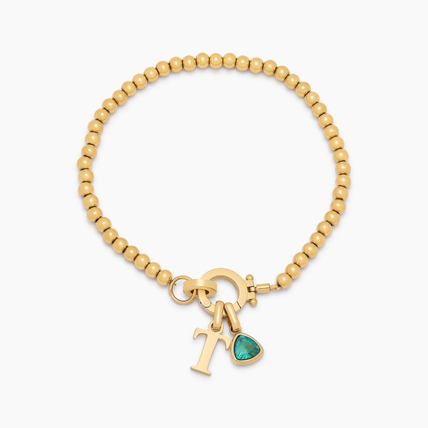 beaded-birthstone-initial-charm-bracelet — Gold / May-Emerald