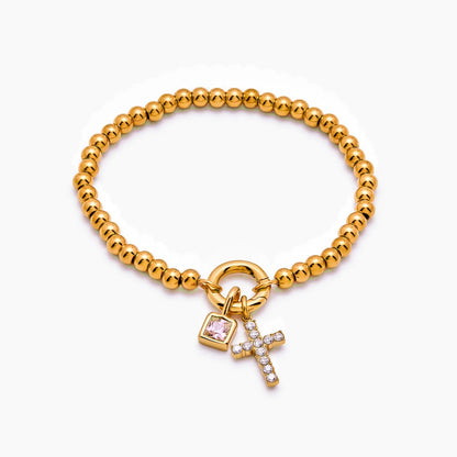 beaded-cross-birthstone-bracelet — Gold / Aug-Peridot