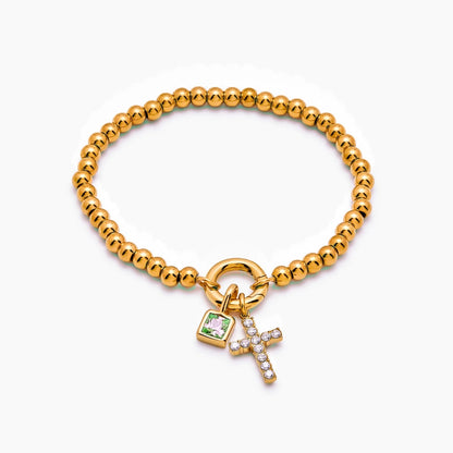 beaded-cross-birthstone-bracelet — Gold / May-Emerald