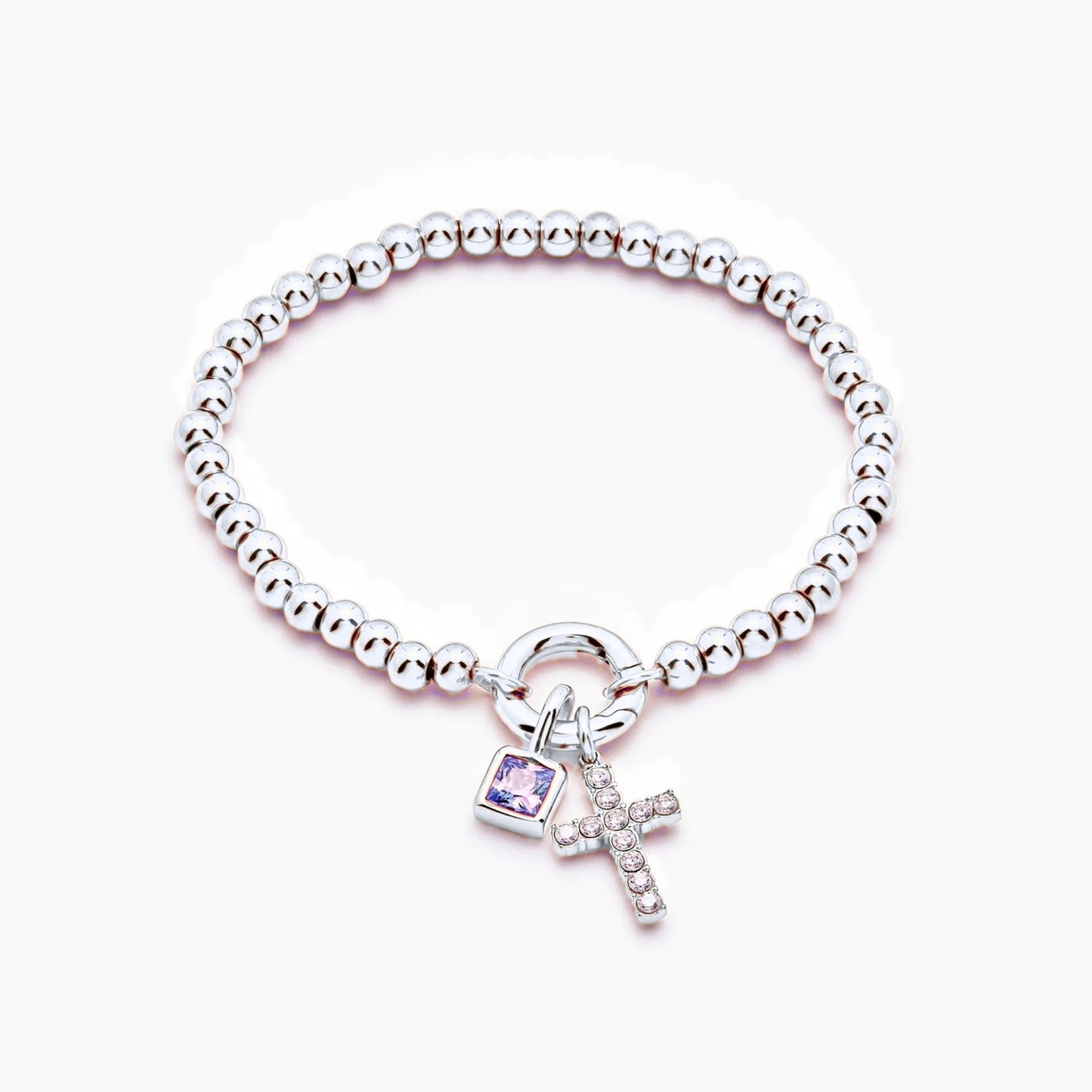 beaded-cross-birthstone-bracelet — Silver / Feb-Amethyst
