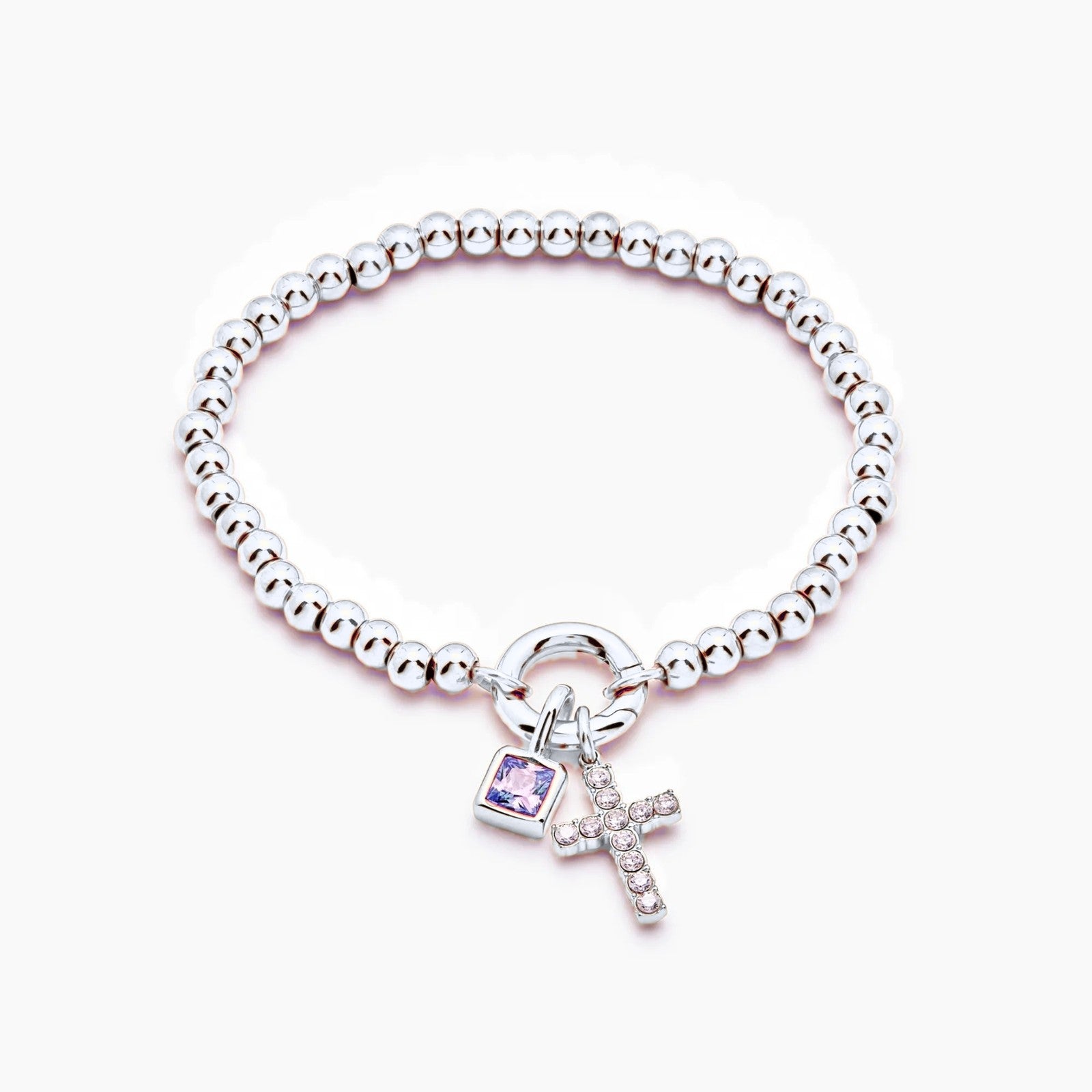 beaded-cross-birthstone-bracelet — Silver / Feb-Amethyst
