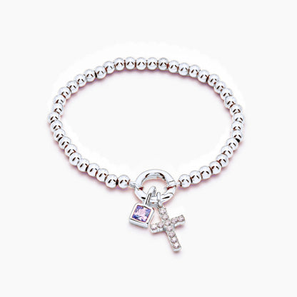 beaded-cross-birthstone-bracelet — Silver / Feb-Amethyst