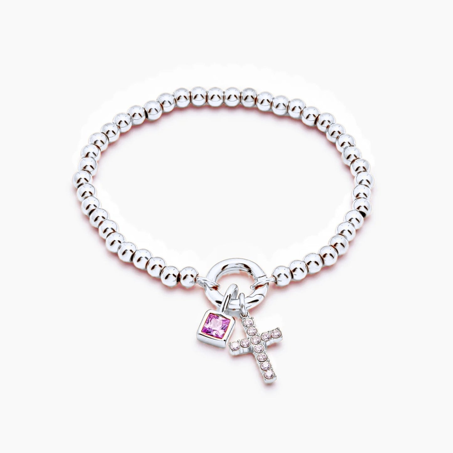 beaded-cross-birthstone-bracelet — Silver / Jul-Ruby