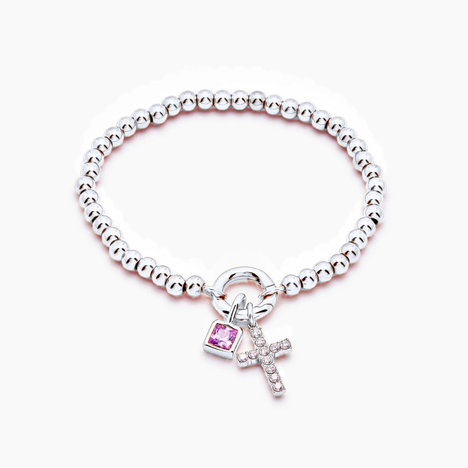 beaded-cross-birthstone-bracelet — Silver / Jul-Ruby