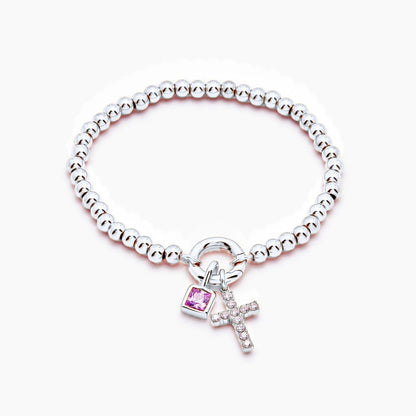 beaded-cross-birthstone-bracelet — Silver / Jul-Ruby