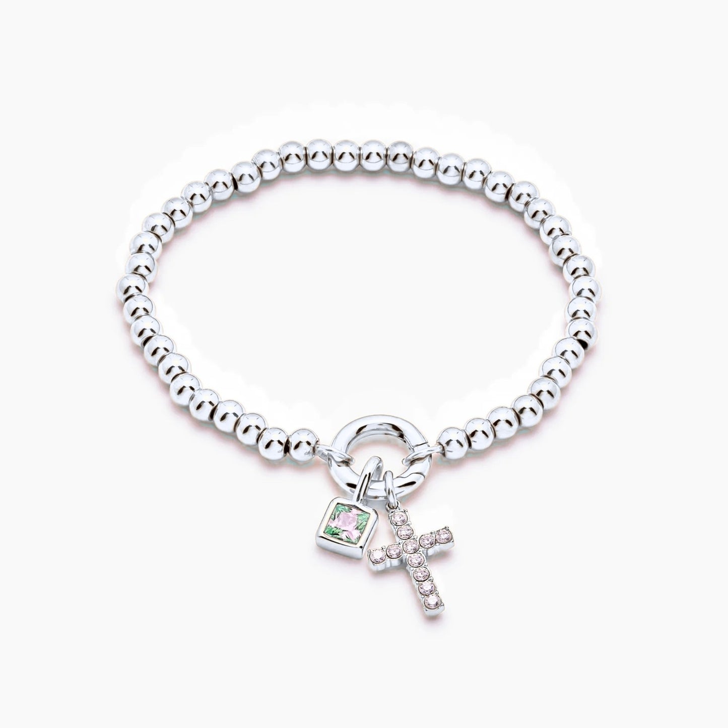 beaded-cross-birthstone-bracelet — Silver / Mar-Aquamarine
