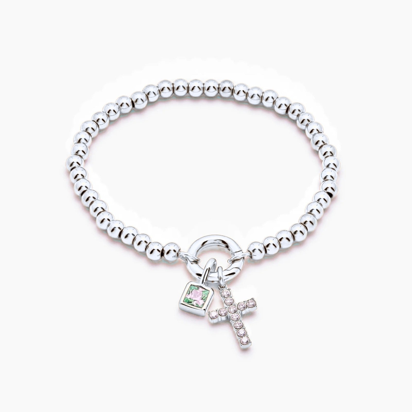 beaded-cross-birthstone-bracelet — Silver / Mar-Aquamarine