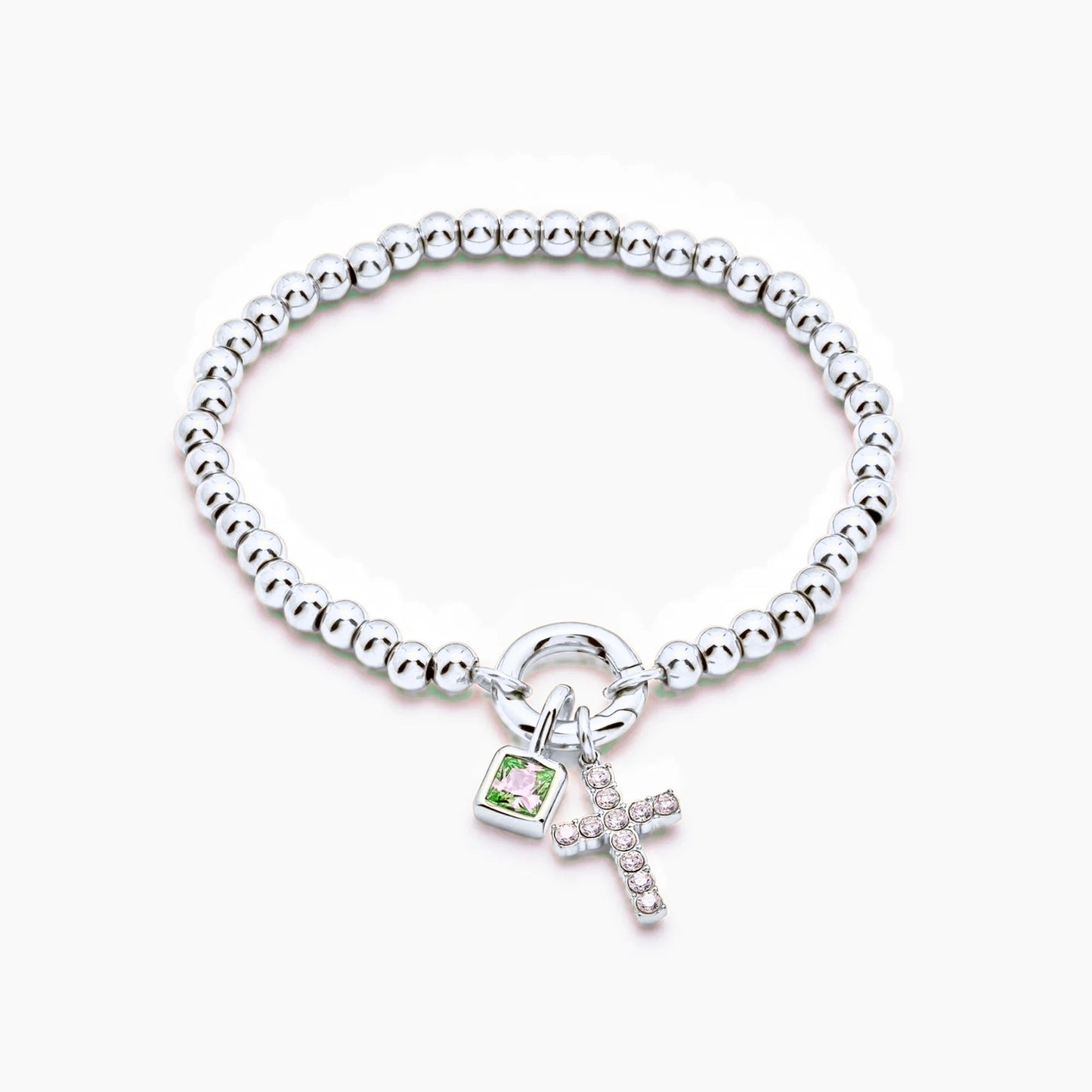 beaded-cross-birthstone-bracelet — Silver / May-Emerald