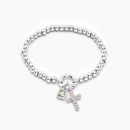 beaded-cross-birthstone-bracelet — Silver / May-Emerald