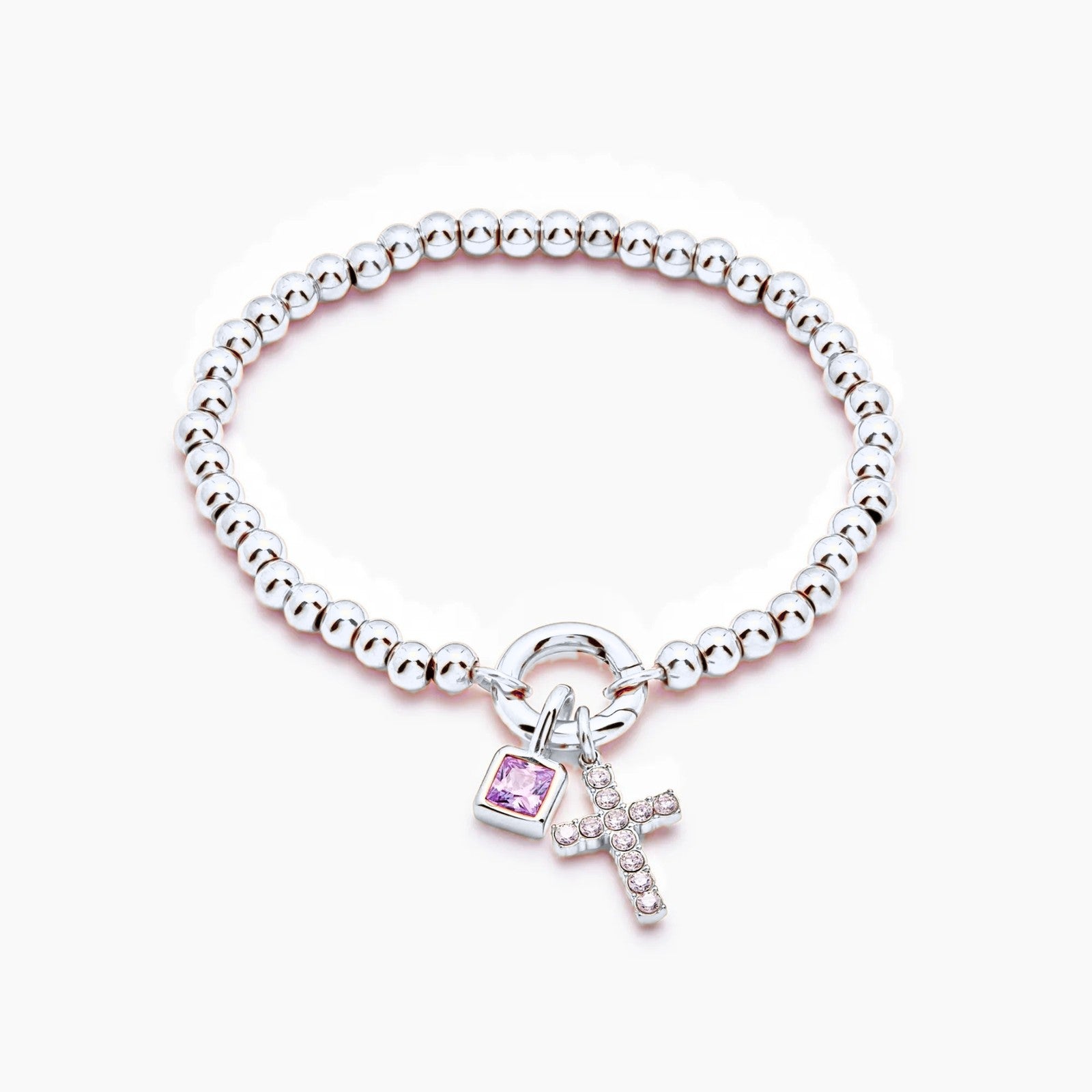 beaded-cross-birthstone-bracelet — Silver / Oct-Pink Tourmaline