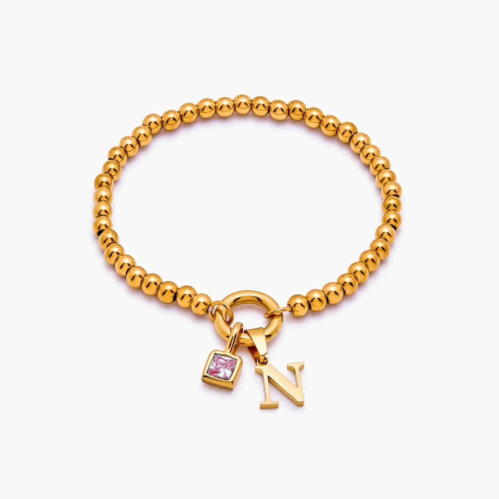 beaded-initial-birthstone-bracelet — Gold / Jul-Ruby
