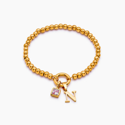 beaded-initial-birthstone-bracelet — Gold / Jul-Ruby