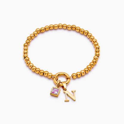 beaded-initial-birthstone-bracelet — Gold / Oct-Pink Tourmaline