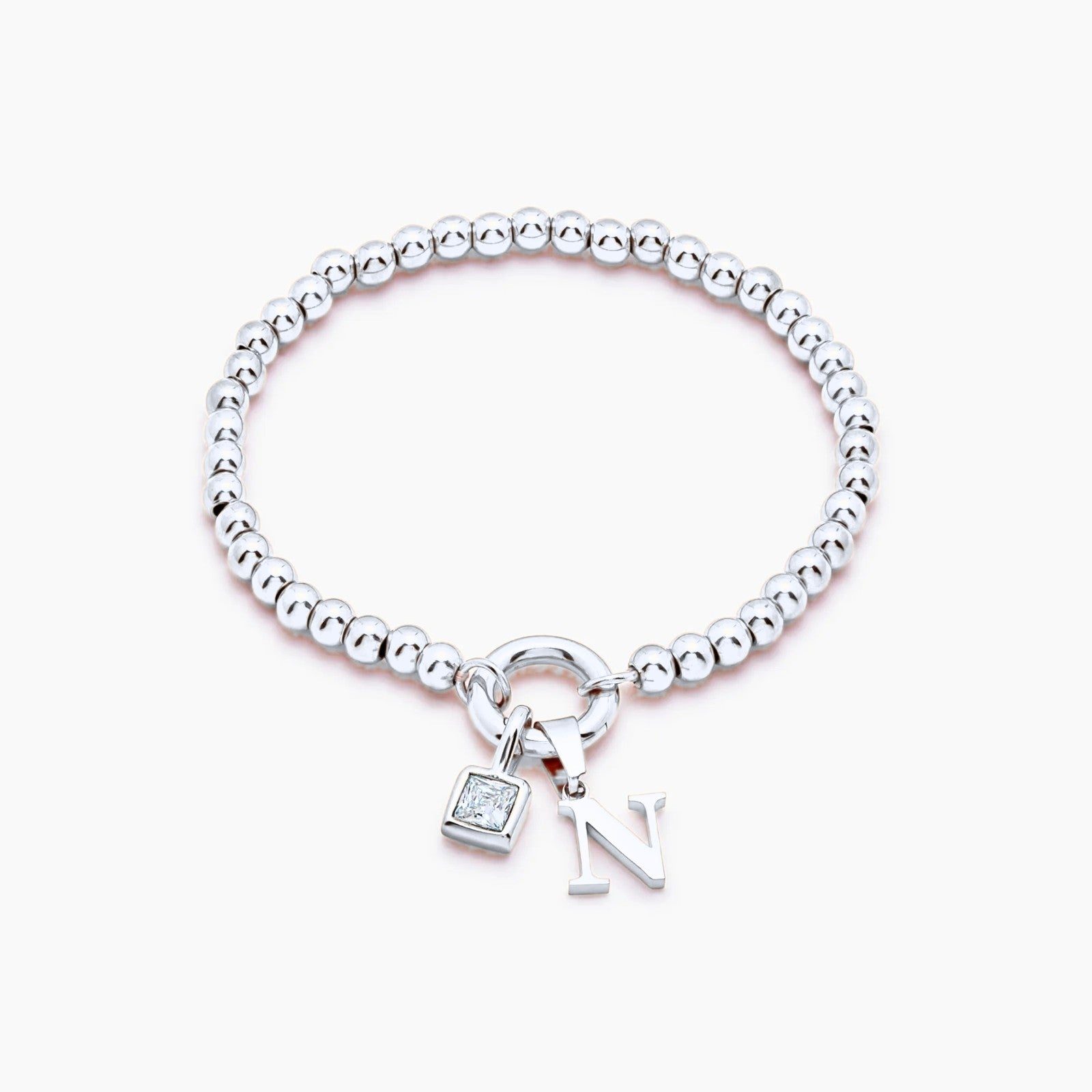 beaded-initial-birthstone-bracelet — Silver / Apr-Diamond