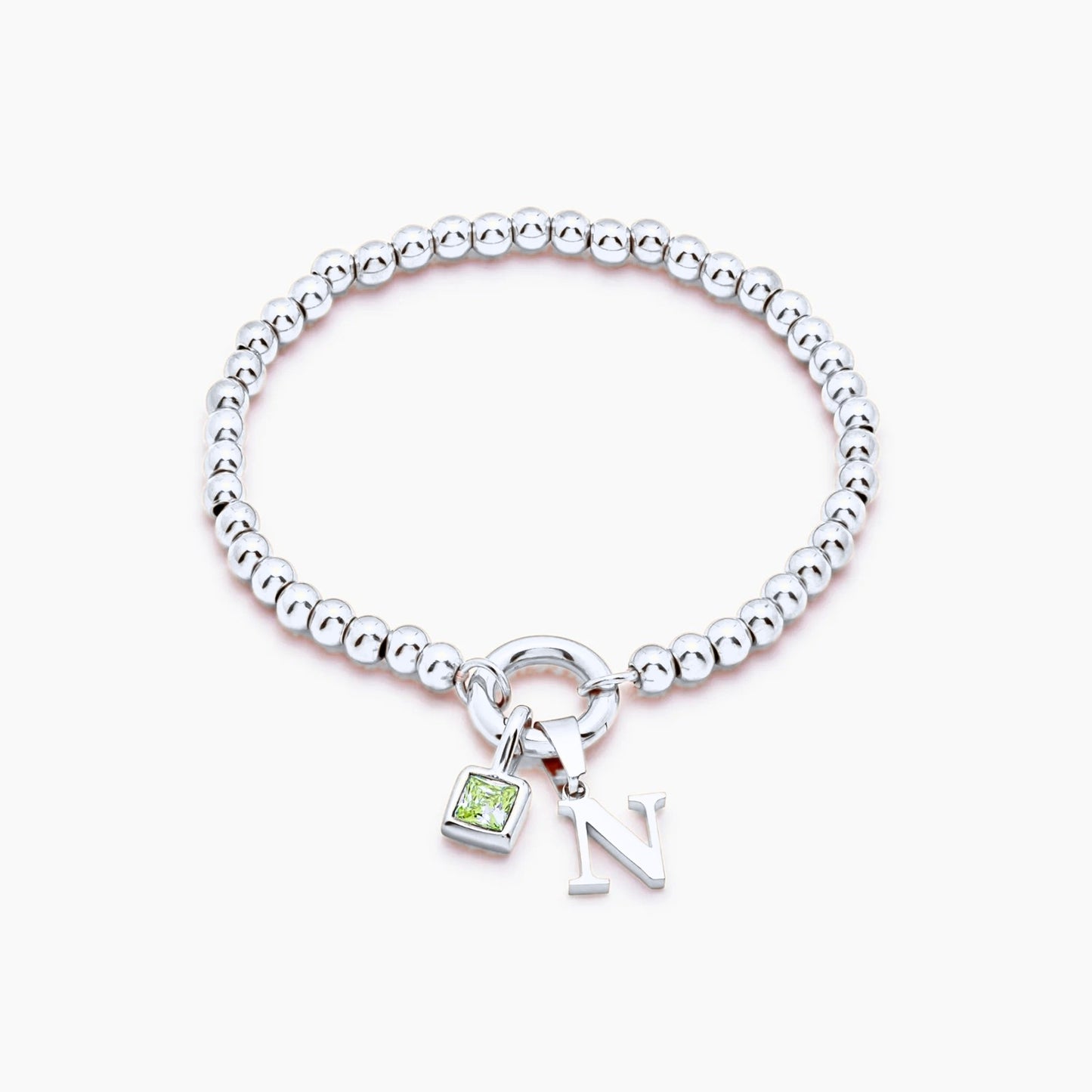 beaded-initial-birthstone-bracelet — Silver / Aug-Peridot