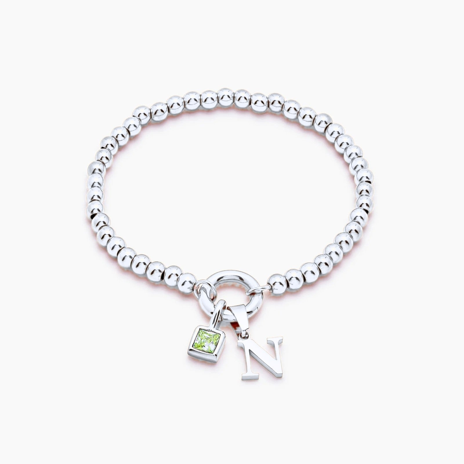 beaded-initial-birthstone-bracelet — Silver / Aug-Peridot