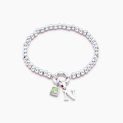beaded-initial-birthstone-bracelet — Silver / Aug-Peridot